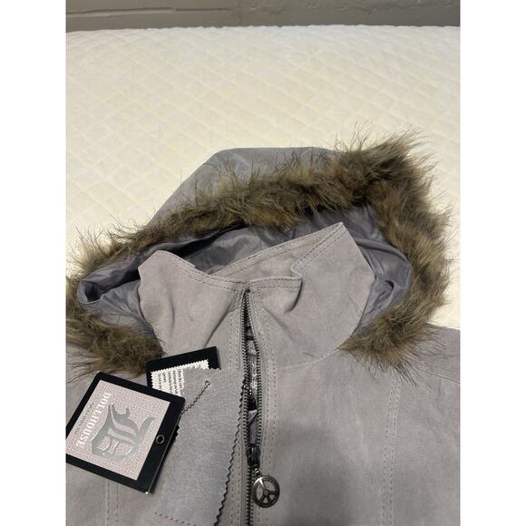 NWT DOLLHOUSE Sz Large Bomber Jacket Gray Genuine Leather Suede Faux Fur Hoodie - Picture 7 of 16